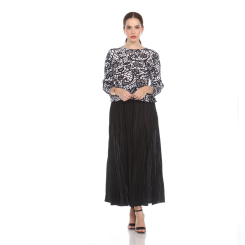 Lace Print Long Sleeve Pleated Dress - DR1220